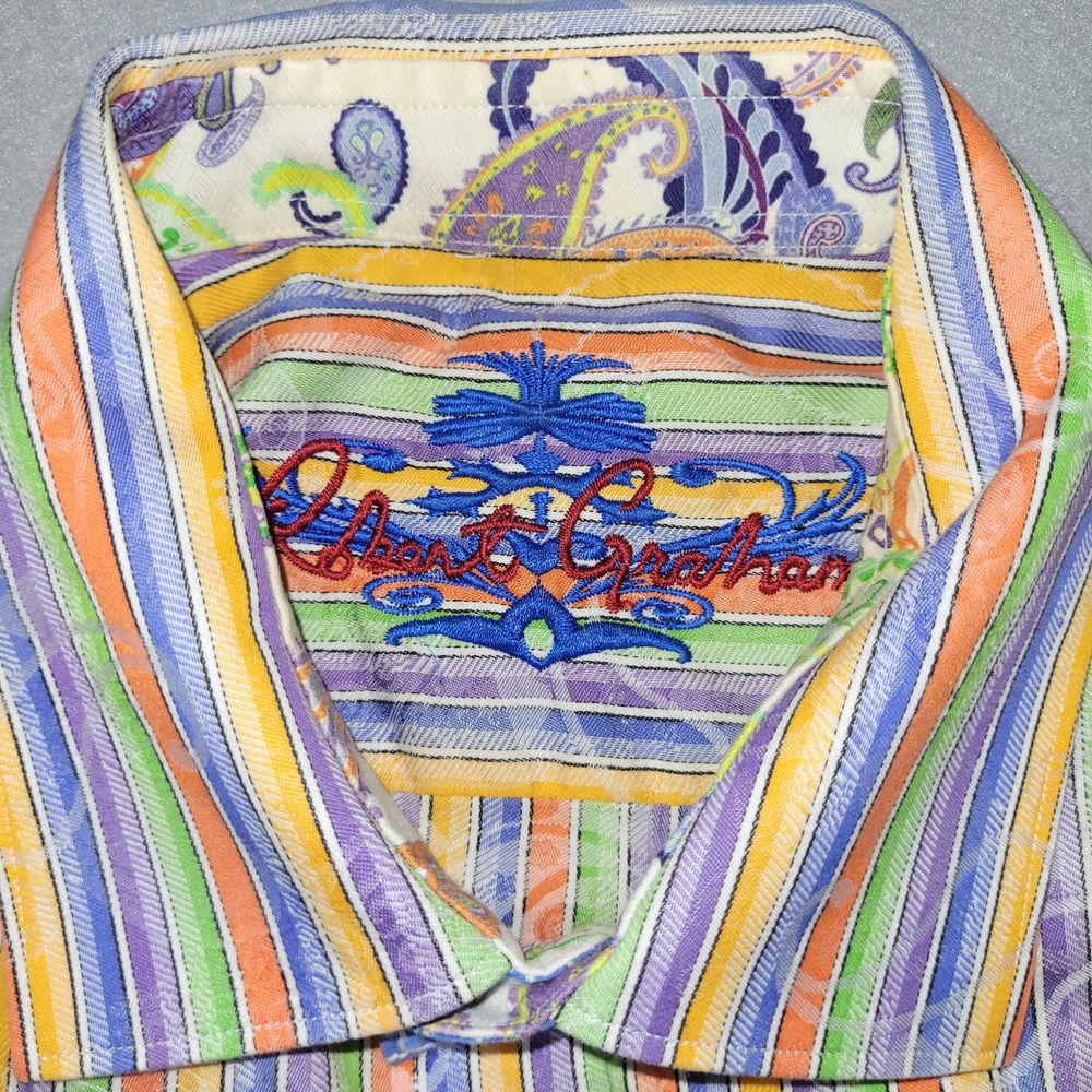 Robert Graham Shirt Mens M Multi Stripe Paisley Classic Fit Cotton Short Sleeve - Picture 2 of 9
